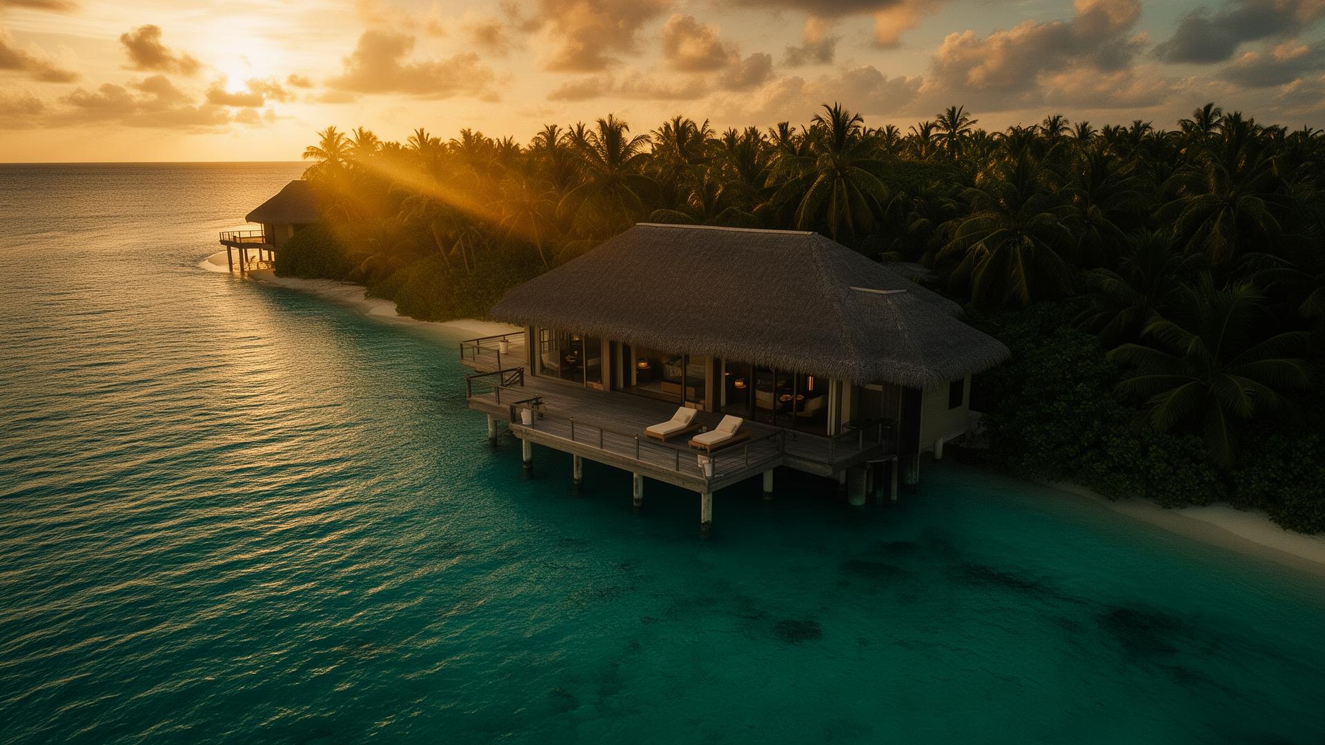 Luxury overwater villa at sunset